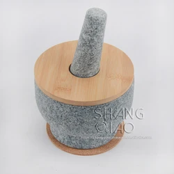 Amazon Hot Sale Natural Unpolished Exterior Granite Mortar and Pestle with Bonus Bamboo Lid and Cork Mat