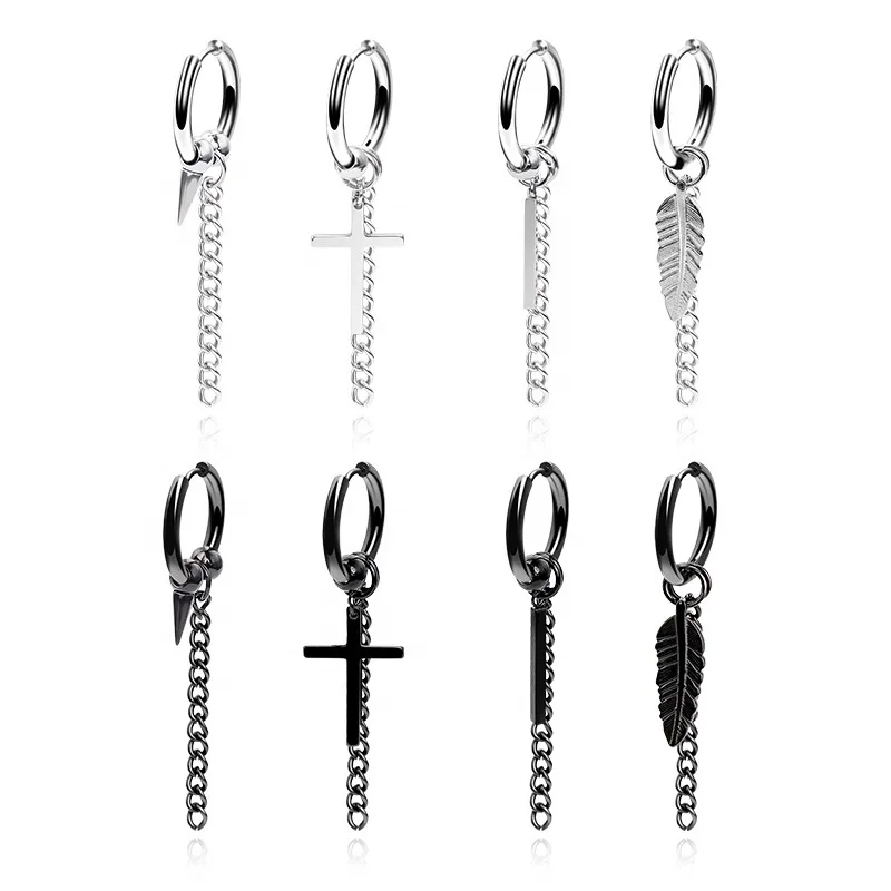 
Man Stainless Steel Earrings Fashion Cross Feather Dangle 1 Pcs 