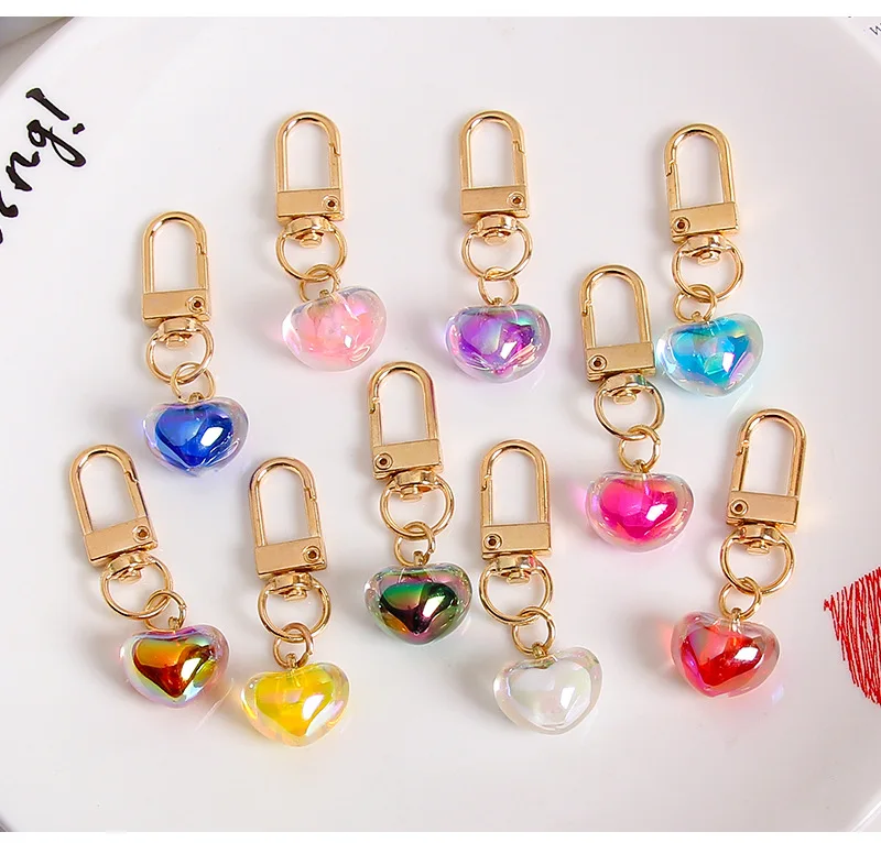 Cute Glitter Love Transparent Acrylic Heart Keychain Pendants for Car Key Holder Handbag Decor Charms DIY Key Chain