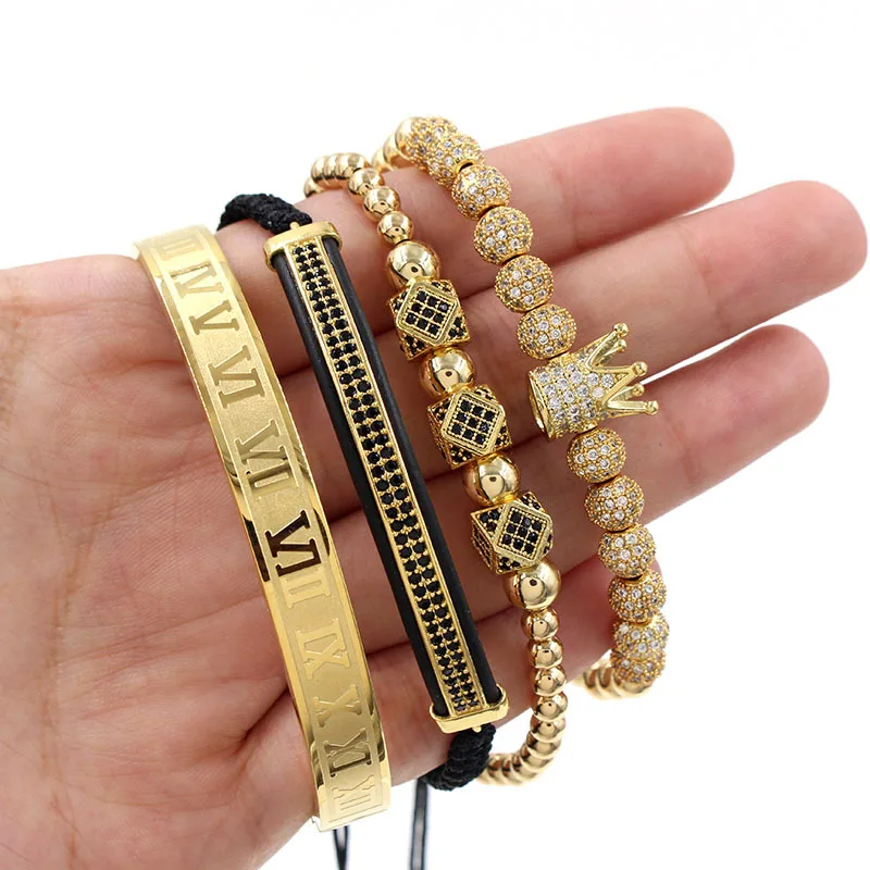 Hot sale punk copper inlaid zirconium rhinestone ball double row combination 4 PCs set bracelet bracelet
