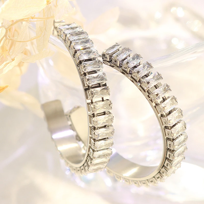 MICCI Wholesale Custom Stainless Steel Jewelry Big White Iced Out Crystal Cubic Zircon Tennis Baguette Stud Open Hoop Earrings