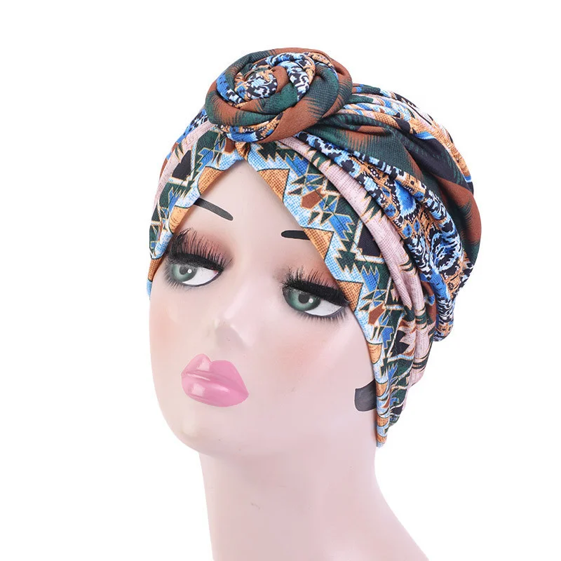 African Women Printed Doughnut Africain Geometric Pre-tied Head Wrap Chemo Cap