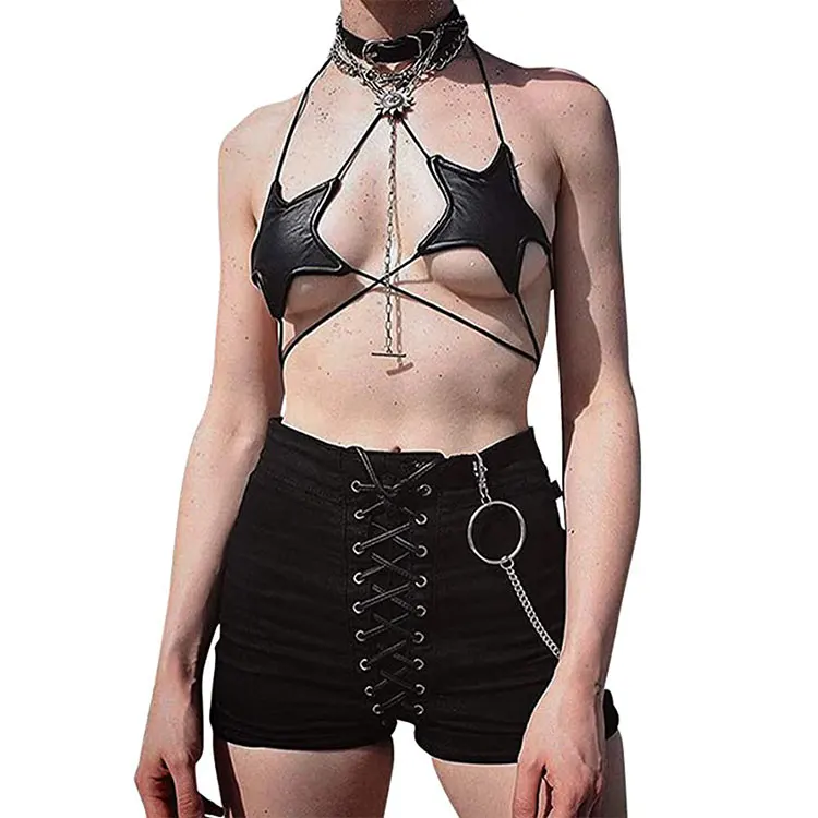 Женские блестящие декорированные металлическими звездами с ремешками и застежкой-молнией на спине лямкой шее рейв обернуть вокруг бандо