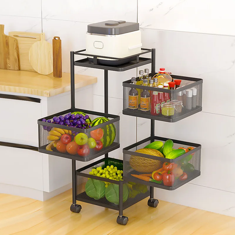 2021 Vegetable Shelf Kitchen Mesh Storage Basket Rotating Trolley Kitchen Multilayer Basket Rack Cabinet Organizer