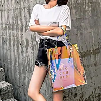 Holographic Iridescent Promotional Wholesale Custom  Color Laser Fashion Jelly Tote Shopping PVC Bag
