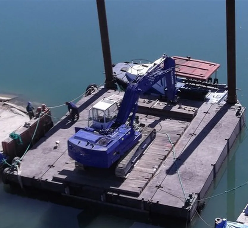 Modular Sectional floating container Platform Barge manufacturer installed Excavator
