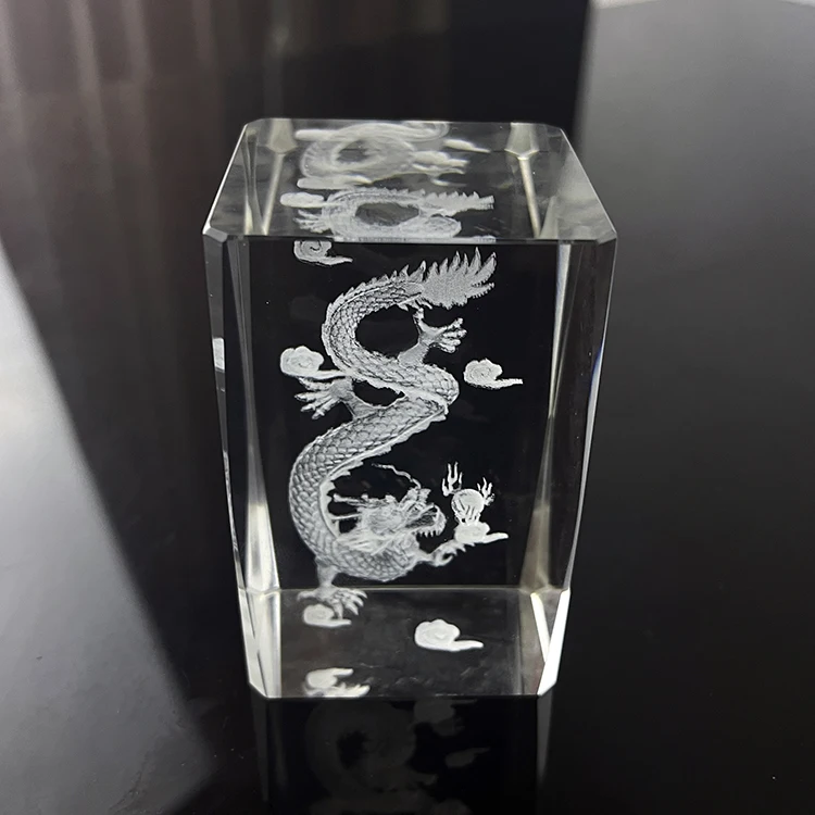 Etched Dragon Crystal Block paperweight MH-F0165