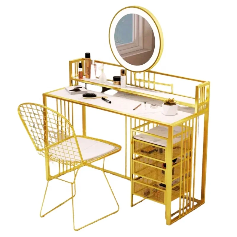 Nordic dressing table with mirror and stool Dressing table with 3 light effect LED mirrors Golden Iron Dresser