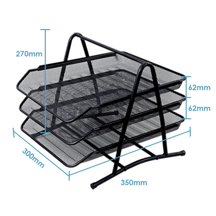 Strong Steel Black Silver Mesh Construction 3 Tier Stackable Desktop Document Letter Slide Tray Organizer for desk accessories