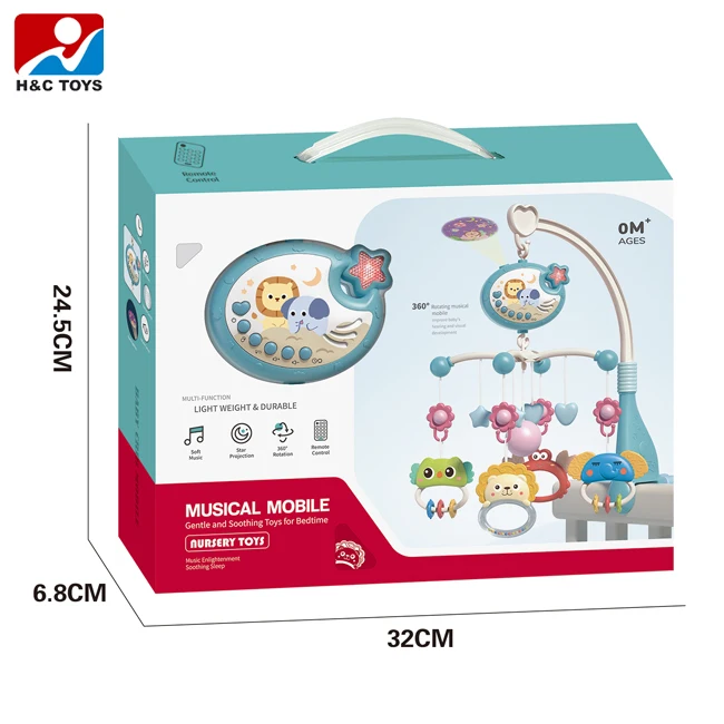 Soothing rotate hanging bed bell toy crib projection remote control baby mobile music box