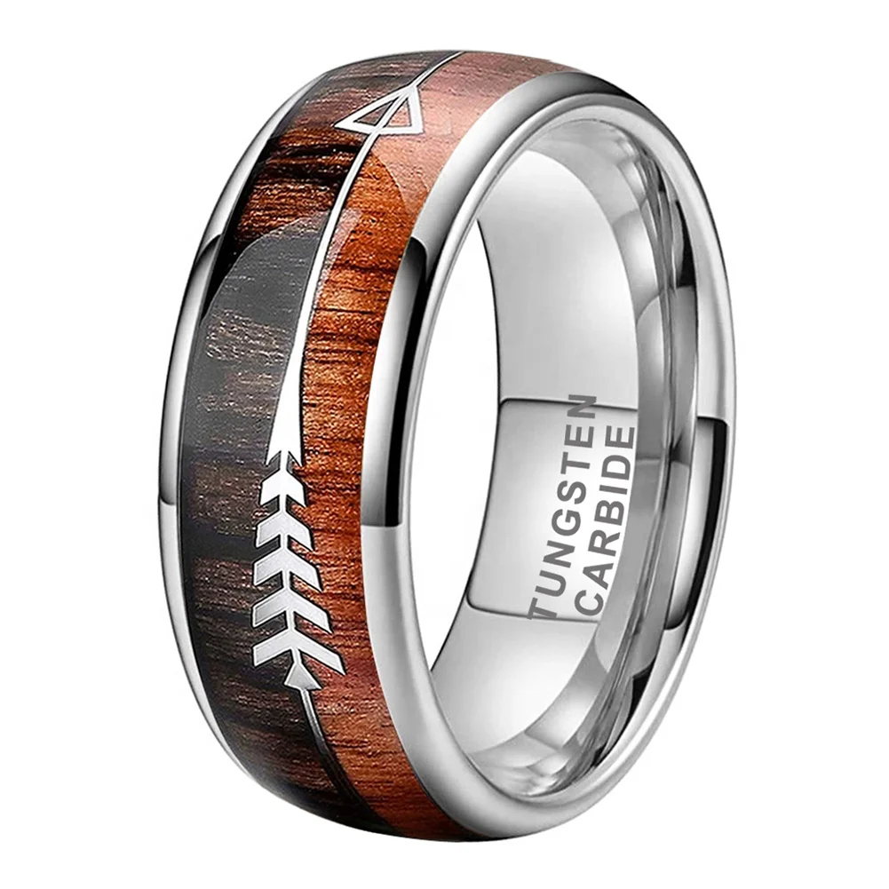 Coolstyle Jewelry 6mm 8mm Silver Black Gold & Rose Tungsten Ring Men Women Trendy Wedding Band Koa Wood Arrow Inlay Comfort Fit
