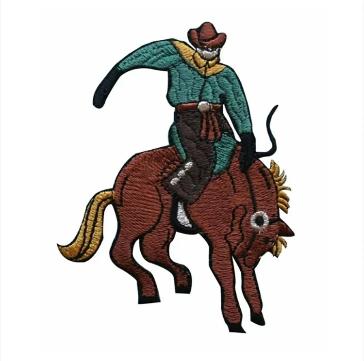 Western iron on patch custom wholesale woven embroidery Embroidered western cowboy heat press patches For Clothes hats