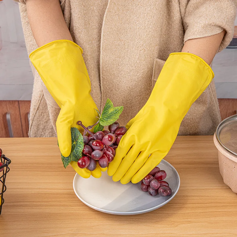 Custom Waterproof Dish Washing Women Velvet Lining Rubber Gloves Reusable Kitchen Cleaning 40g Yellow Household Latex Gloves