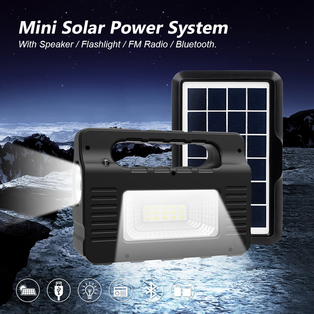 Small portable emergency solar system for home use with lights and radio