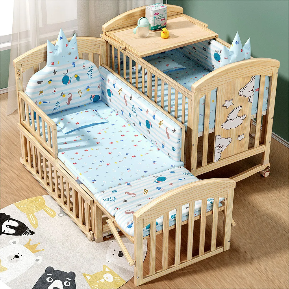 New Multifunctional Bedside Cot Bed Solid Wood Wheels Cribs For 0-6 Years Old