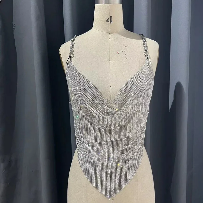 Shiny Crystal Mesh Top for Women Woven Chainmail Metal with Rhinestones Tank Top with Bow Collar Sweet Party Style for Clubs