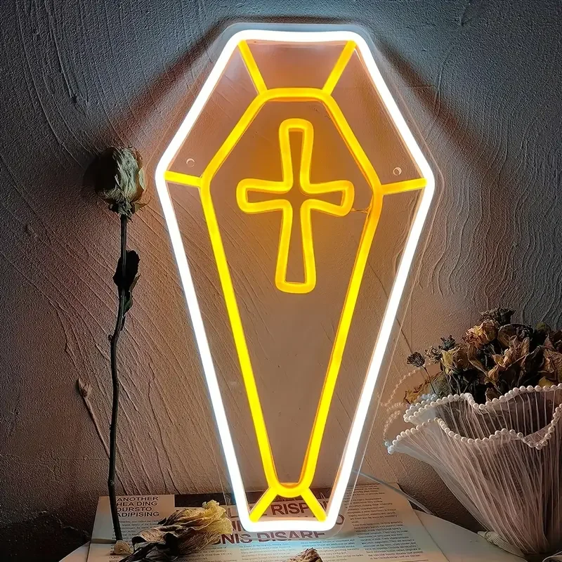 1 coffin, cross, neon sign, Jesus cross, neon sign, used for wall decoration, Halloween decoration, neon light