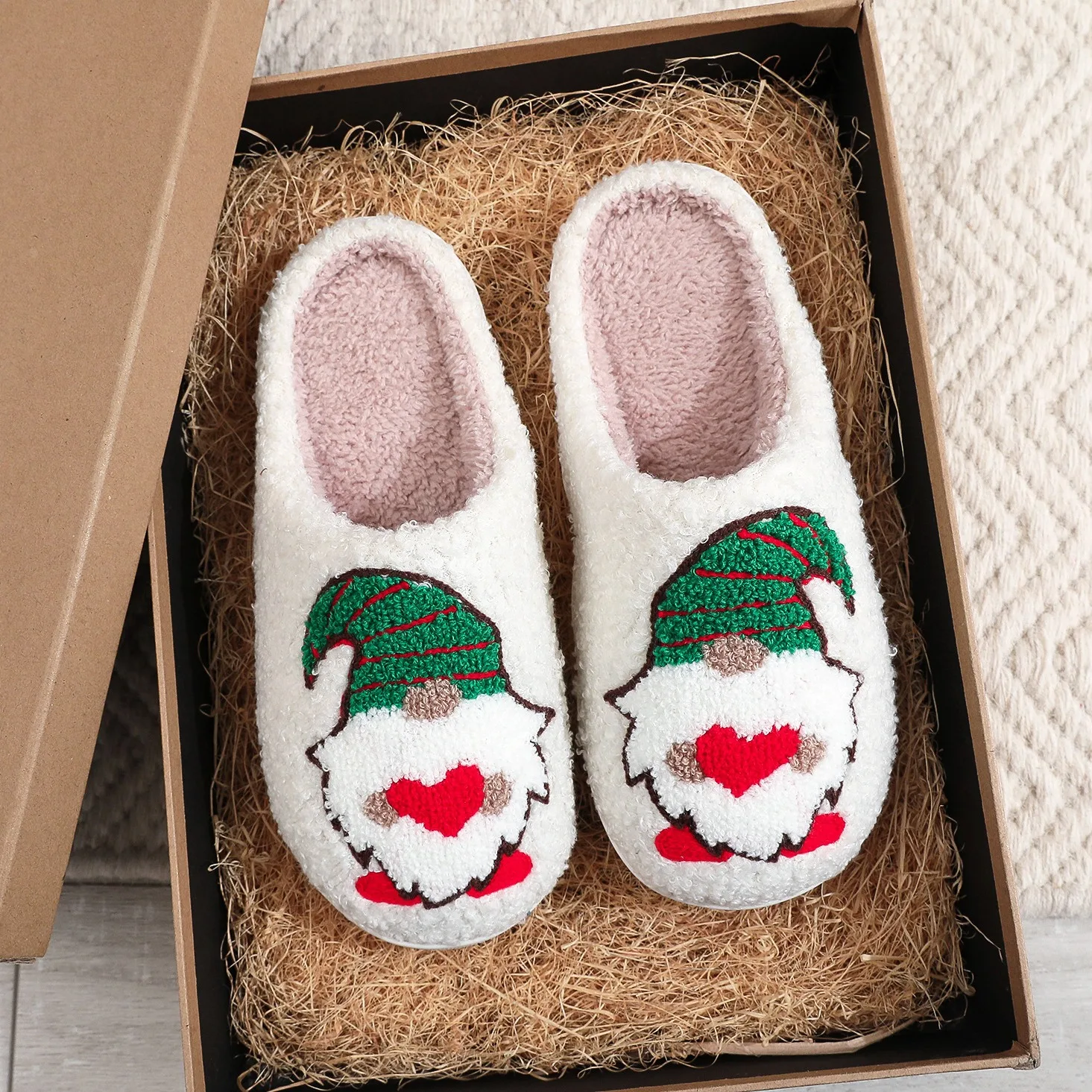 Winter cute warm home indoor fuzzy plush cotton  gingerbread reindeer Santa nightmare before christmas slippers for women men