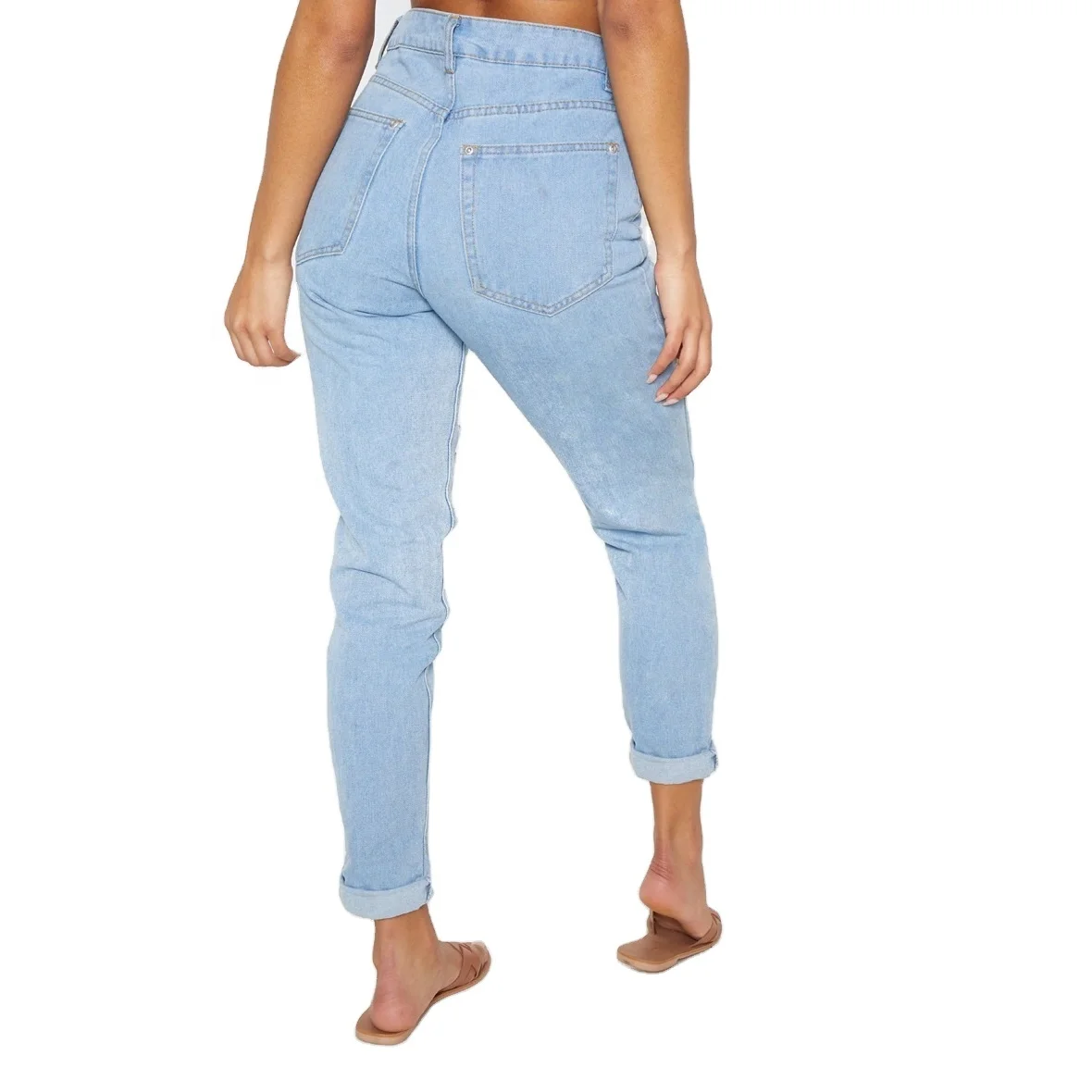 SKYKINGDOM gz longchan high quality women stylish jeans light blue mom jeans high waist damaged ripped jeans
