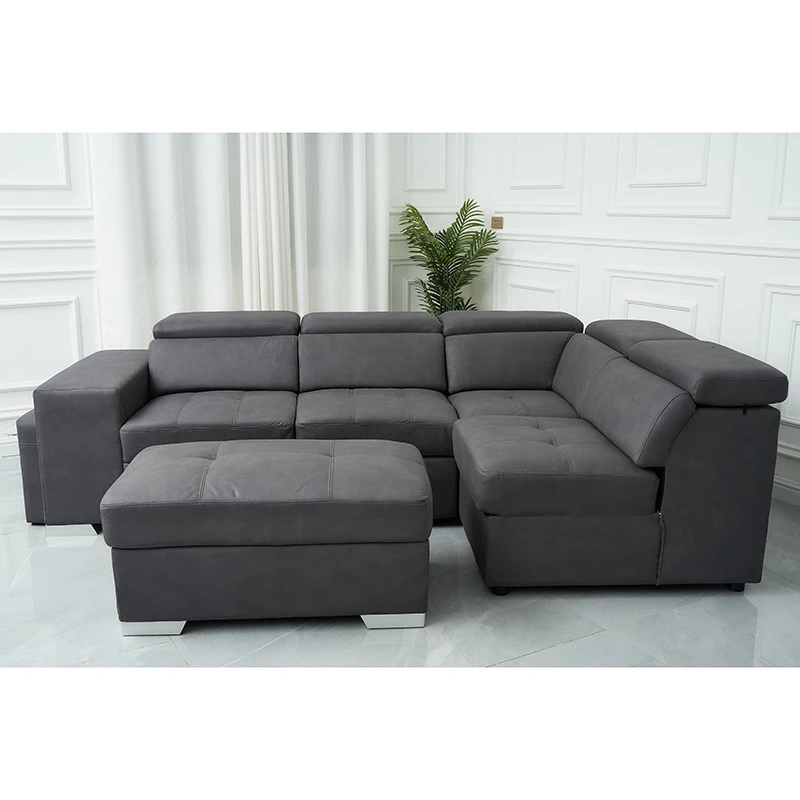 Modern Sleeper Couch Corner Sofa Bed Cream Color Microfiber Fabric Cheap Sofa Bed Pull Out Space Saving L Shape Sofa Bed