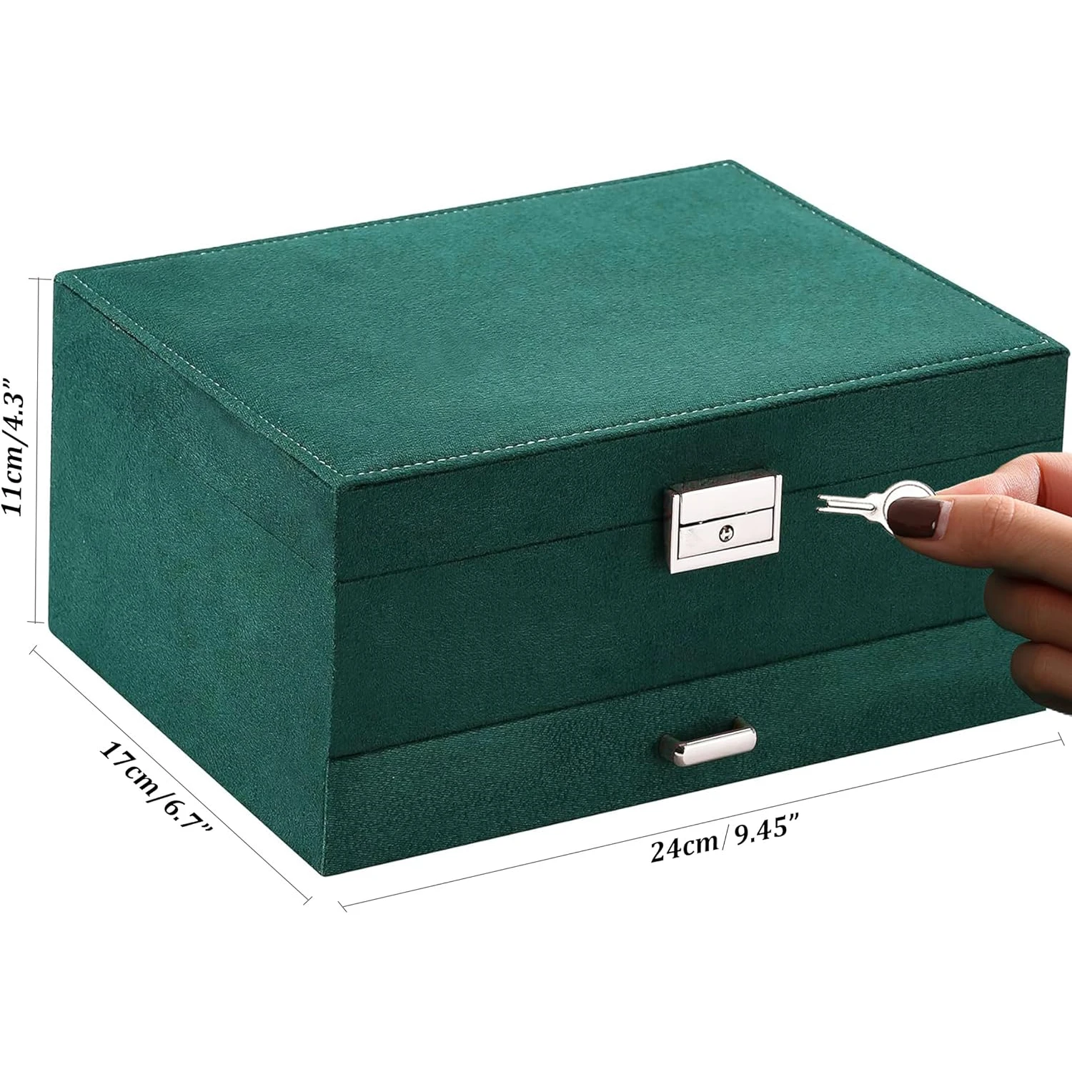 2024 New Green 3-Layer Flannel Jewelry Organizer Box Necklaces Ring Display Large Capacity Velvet Jewelry Storage Box With Lock