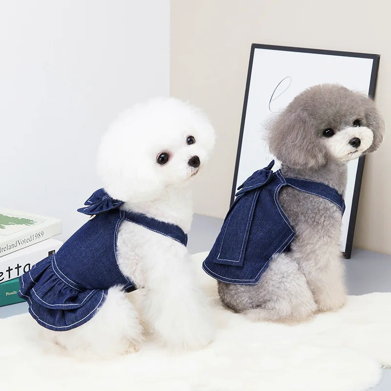 Spring Summer Pet Clothes Big Bow Tie Denim Dog Dress Shirt Suit with D-ring Leash Hole