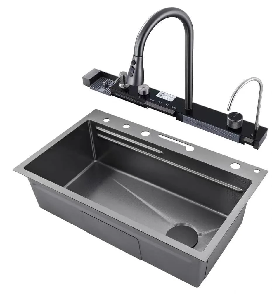 Modern Popular Large Single Slot Multifunction Sink Anti-Scratch LED Digital Display Waterfall Kitchen Sink With Cup Washer