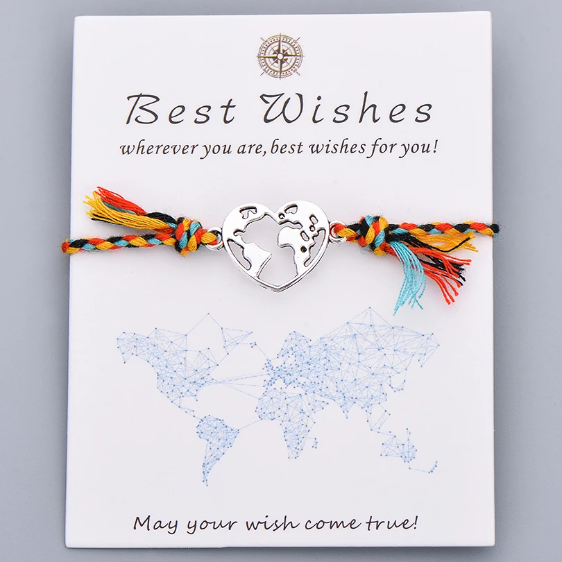 Bohemian Style Rope Braided Heart Bracelet Lover Couple Best Wishes World Map Charm Bracelets Women Wish Jewelry Gift