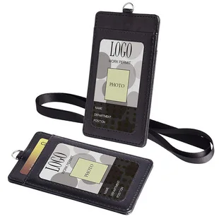 High Quality Leather ID Credit Card Name Badge Holder Case with Lanyard, Wholesale PU Leather ID Card Holder for Business
