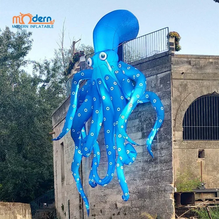 Outdoor advertising giant lighting inflatable blue octopus buoyant over the Soul building decoration