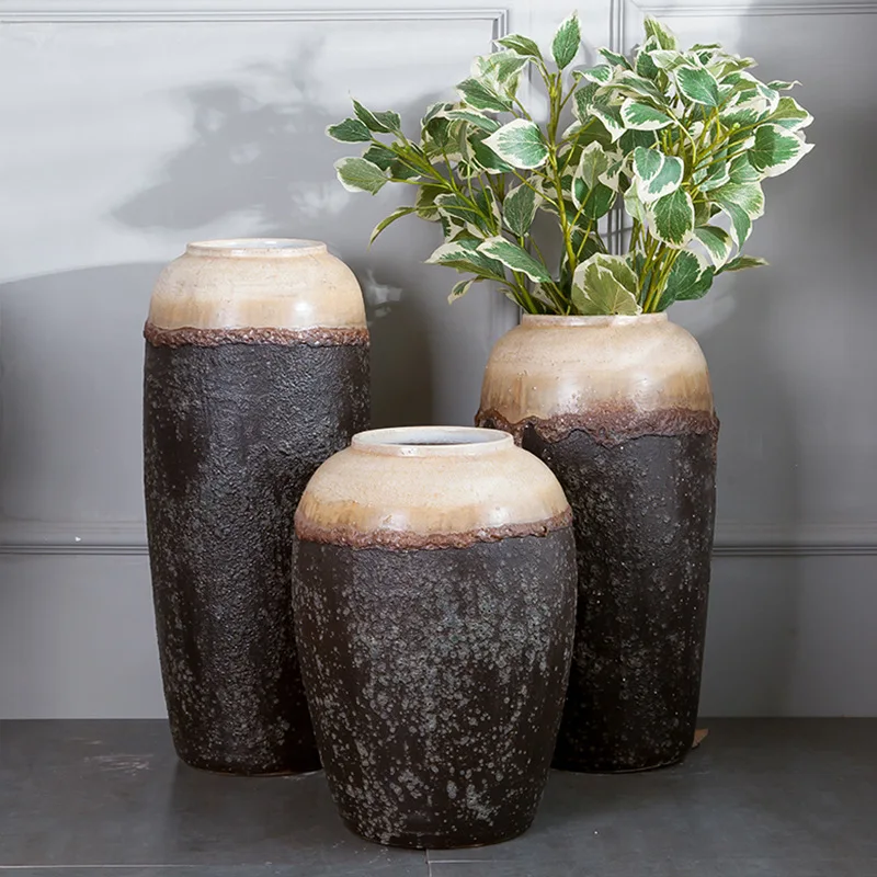 Factory Wabi-Sabi Handmade Pottery Pot Vintage Ceramic Flower Ware Modern Flower Arrangement Japanese Ornaments