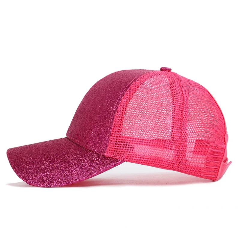 High Opening Sparkle Gold Ponytail Hat Glitter Mesh Trucker Cap With Pony Tail Hole For Women