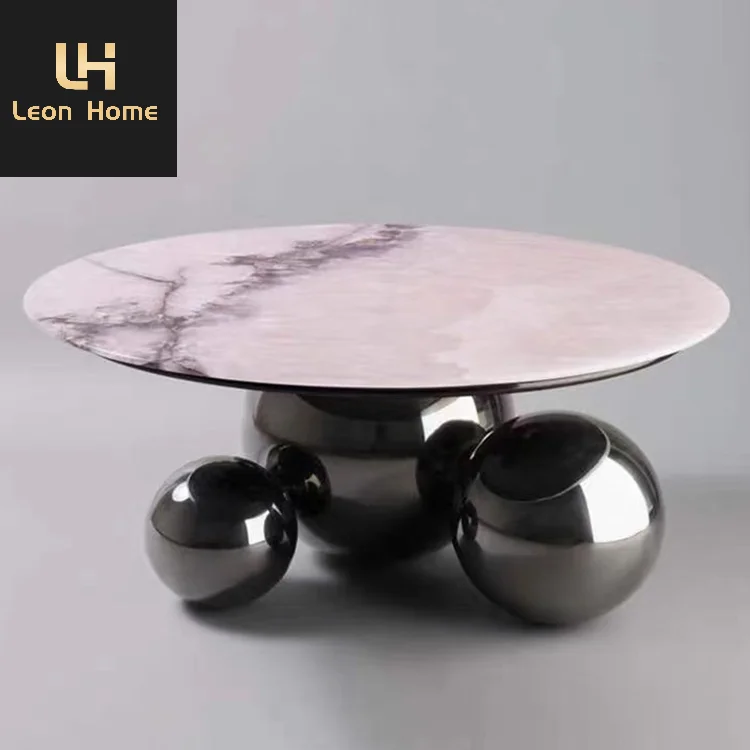 Luxury Italian Style Round Marble Top Coffee Table Living Room Stainless Steel Ball Legs Coffee Table