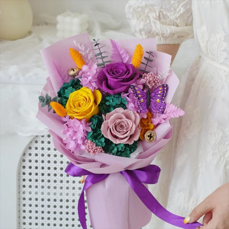 Hot Sale 2025 Valentines Gift Flower Bouquet Purple Immortal Eternal Forever Flowers Preserved Roses