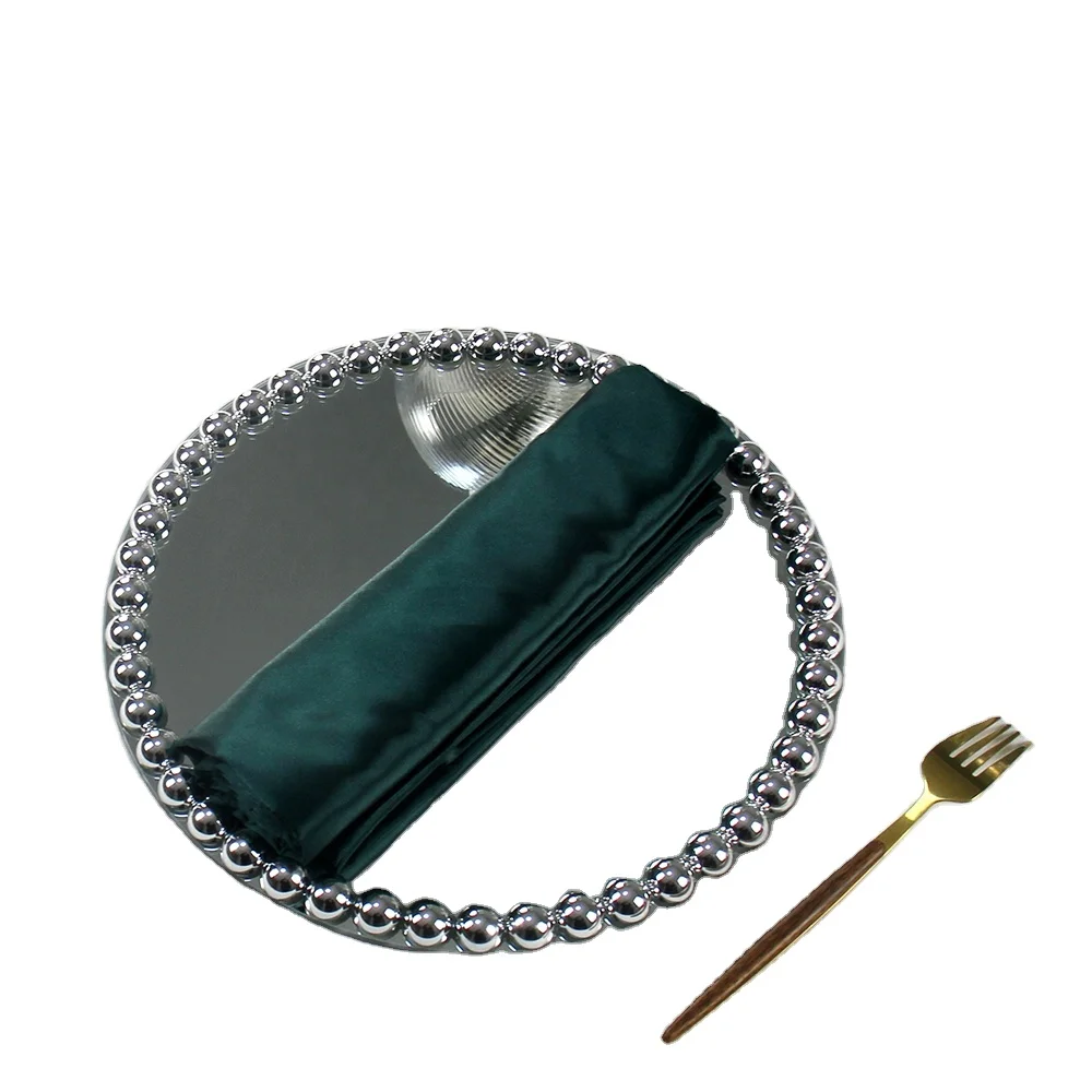 Table Decoration Crystal 13 inch Round With Bead Dot Edge Mirror Wedding Party Glass Tableware Charger Plates for Restaurant