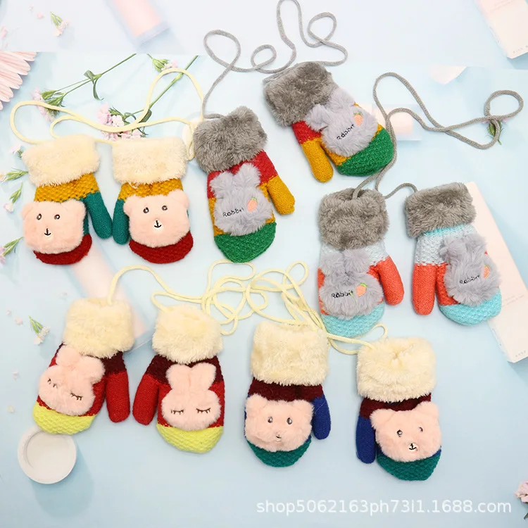 Autumn and winter smooth student neutral children warmth and thick plus fleece clothing plush halter mittens