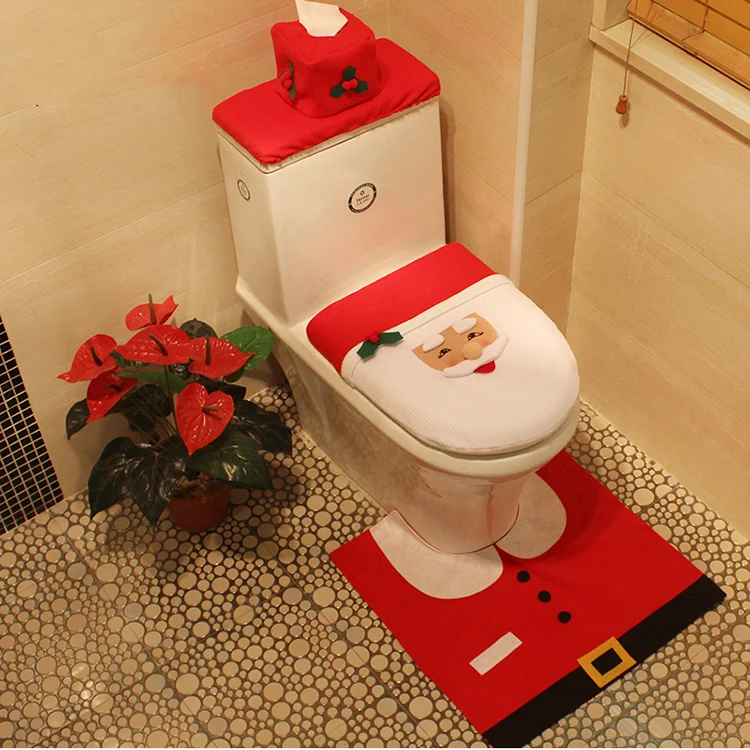 
Snowman Santa Toilet Seat Cover and Rug Set Red Christmas Decorations Bathroom 