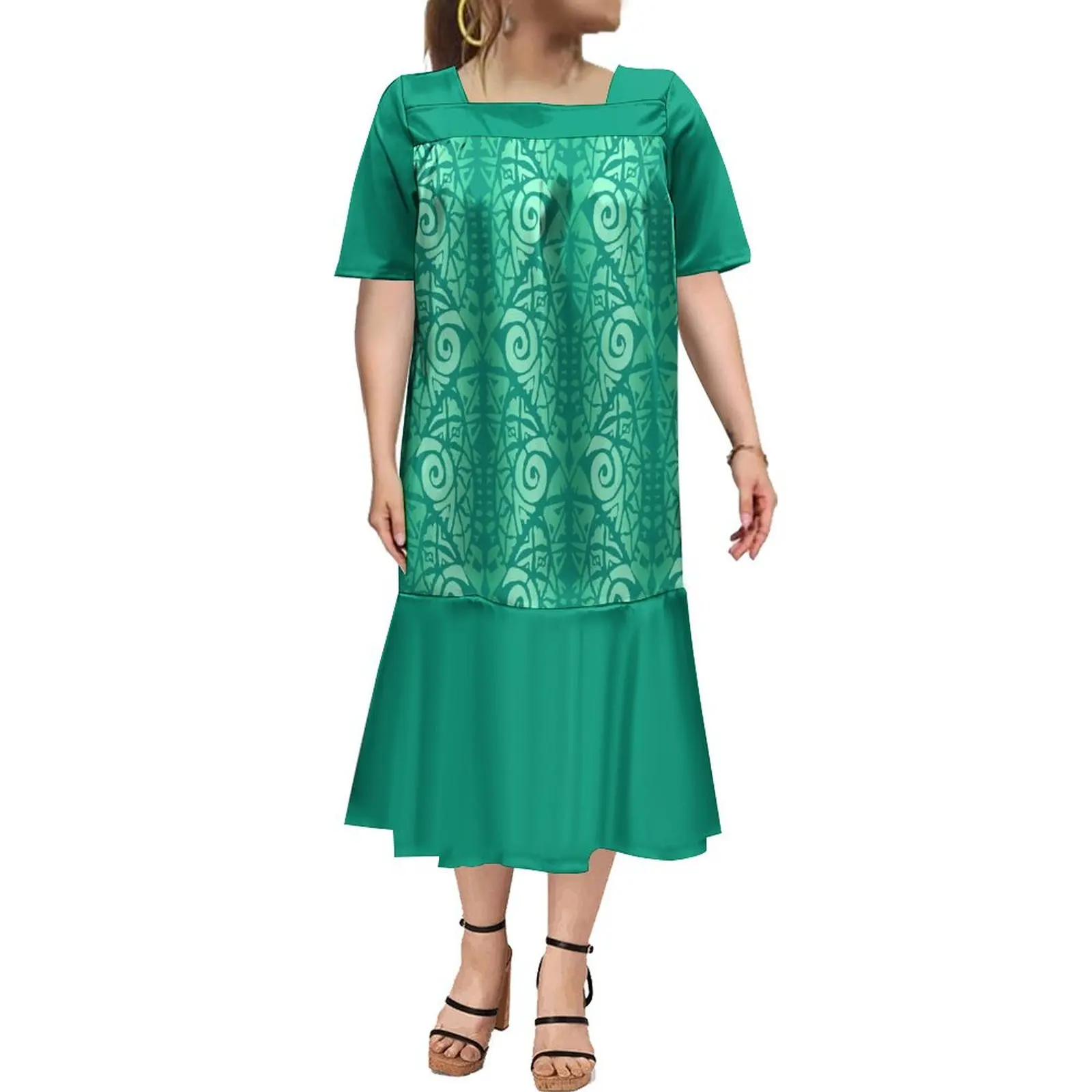 Hot Selling Custom Polynesian Tribal Design Micronesian Mumu Dress Women Elegant Square Collar Short Sleeve Fishtail Midi Dress