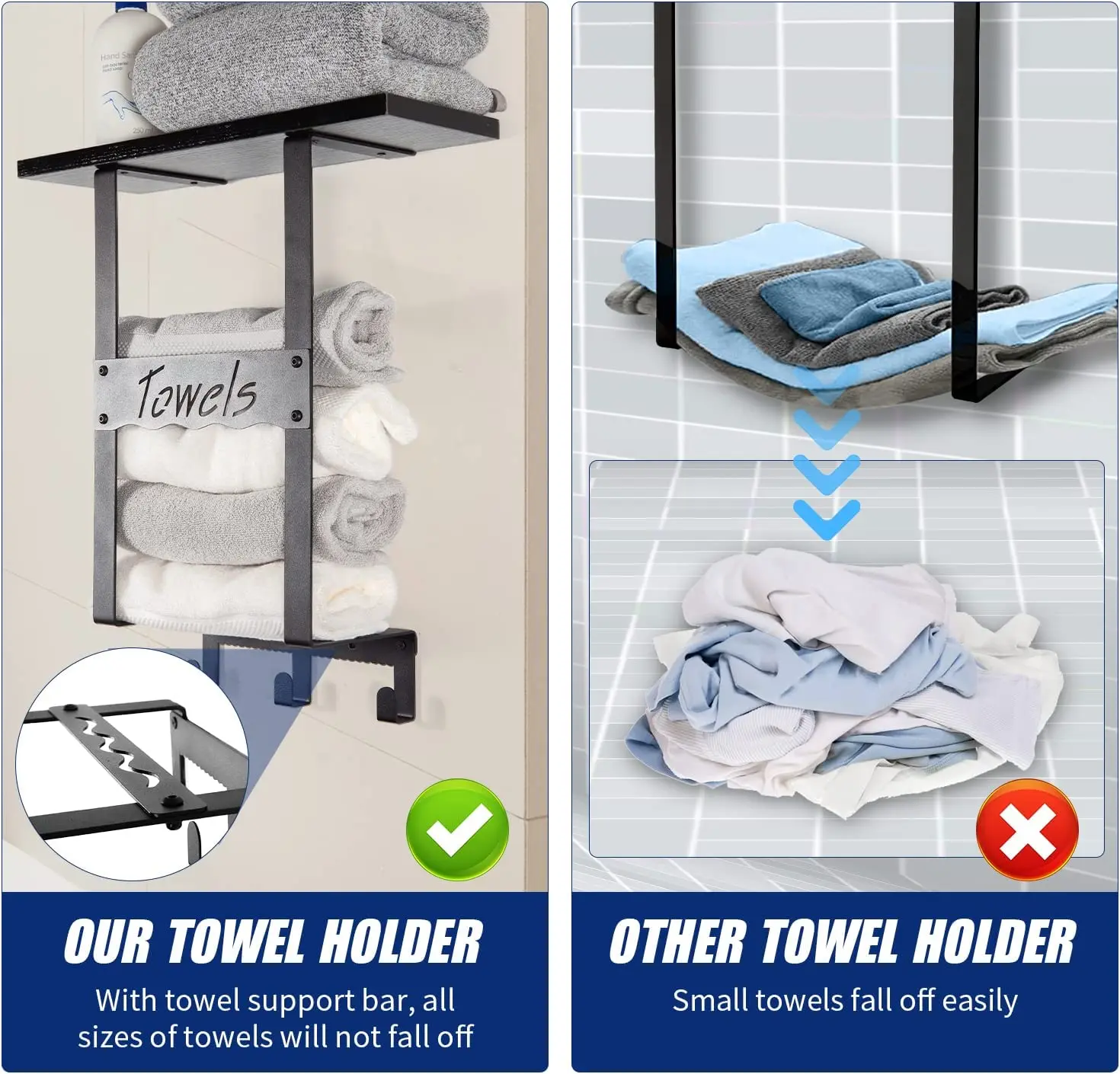 Metal Towel Holder for Bathroom Wall with 3 Hooks and Wooden Shelf - Matte Black Towel Racks for Bathroom