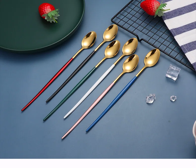 NEW Arrivals Stainless steel dessert spoon titanium gold long handle spoon for ice/mixing/drinking