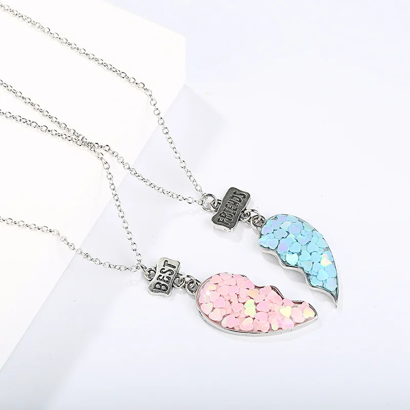2023 New Sequined Heart Best Friend Necklace Gradient Children Necklace Set Kolye