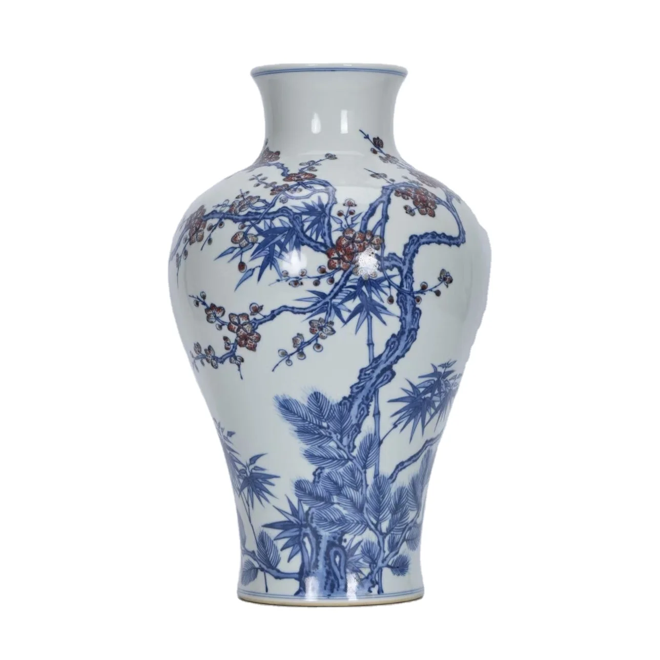 Jingdezhen antique hand-painted porcelain, Qing Dynasty Yongzheng blue and white underglaze red year old and cold three friends