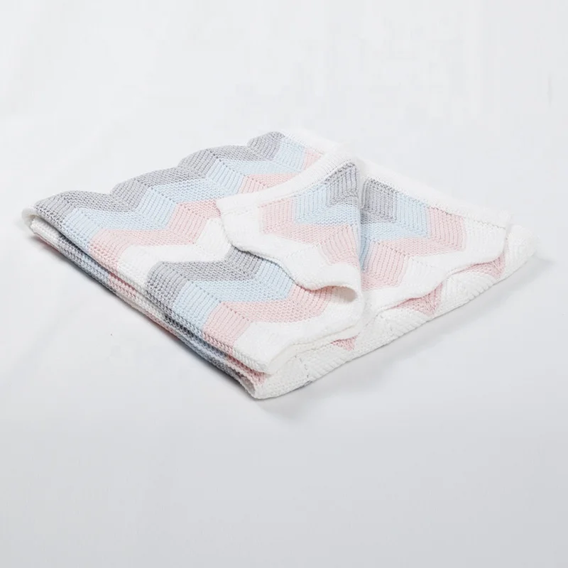 100% Cotton Cozy Wave Striped Newborn Baby Swaddle Wraps Knitted Blanket For Children
