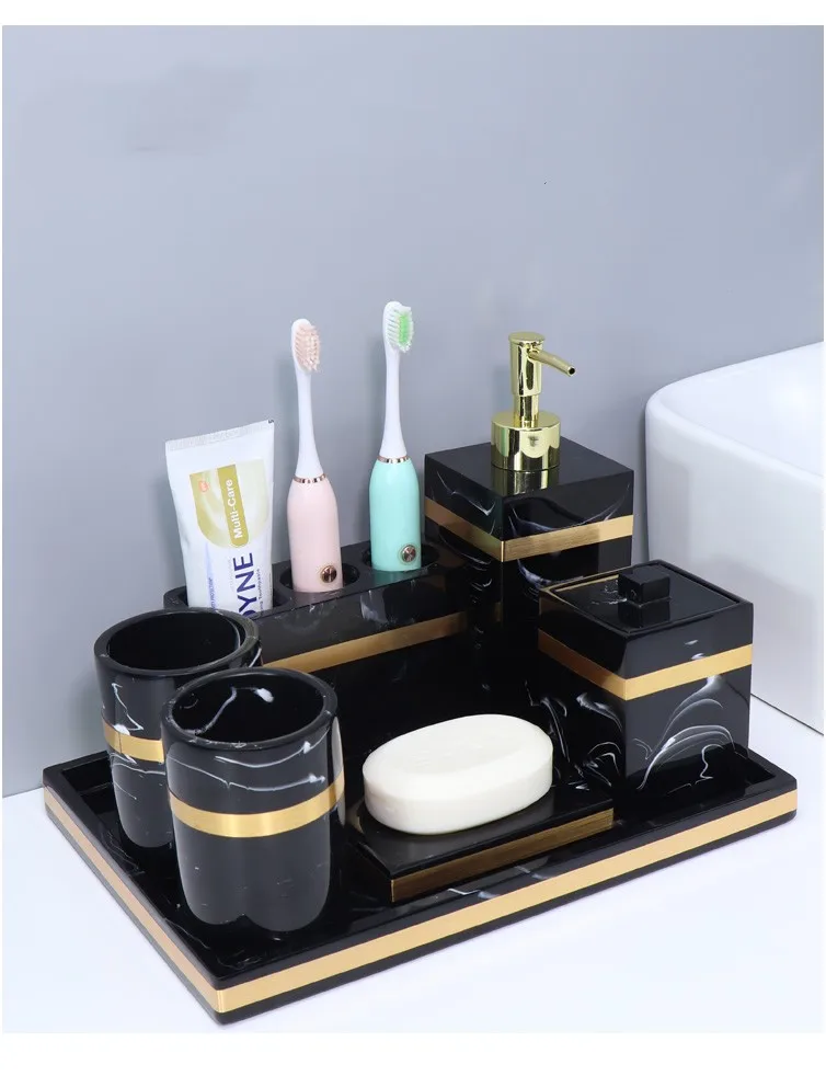 Custom Bathroom Accessories Set Black Marble Effect Modern Hotel Resin Bathroom Accessories Set