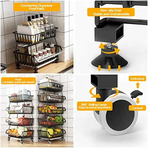 5 Tier Black Metal Wire Storage Baskets Stackable Fruit Vegetable Storage Stand Cart for Kitchen