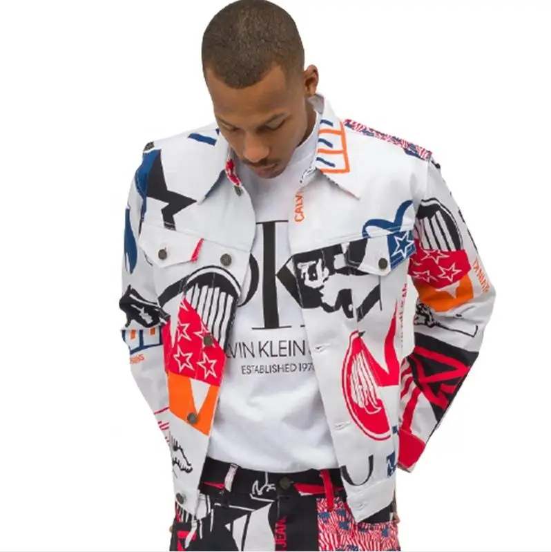 Chinese factory overall printed white custom jean jacket for men denim