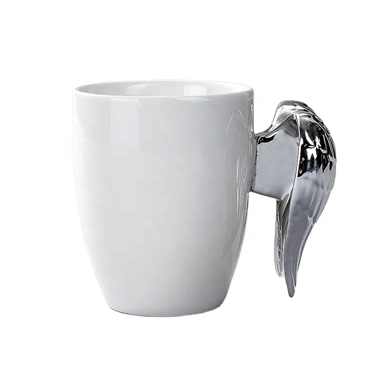Custom ceramic/dolomite white coffee mug with creative handle angel wings