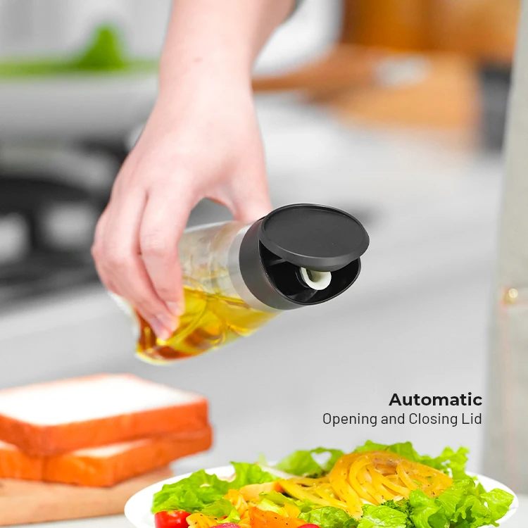 wholesale 500ml clear glass automatic flip auto open olive oil and vinegar dispenser bottle no drip pourer spout with filter