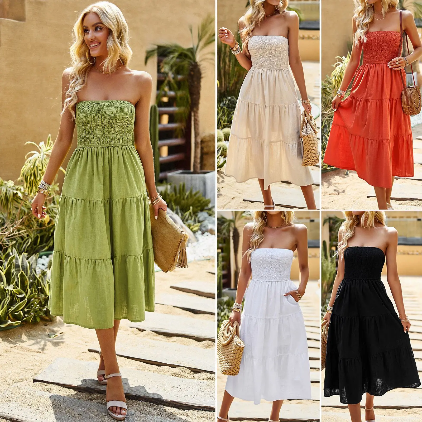 Wholesale hot 2024 summer new product temperament elegant solid color fashion leisure holiday wind chest cotton linen dress