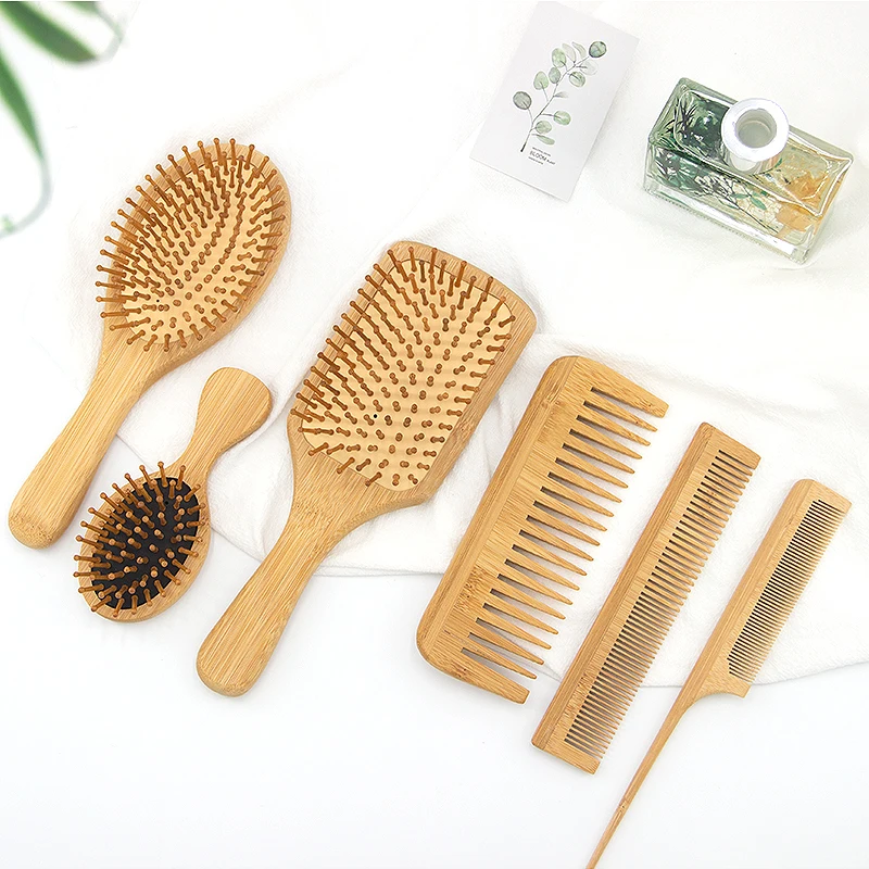6PCS Bamboo Hair Brush Set Natural Wooden Bamboo Brush Combs for Women Men Paddle Detangling Brush